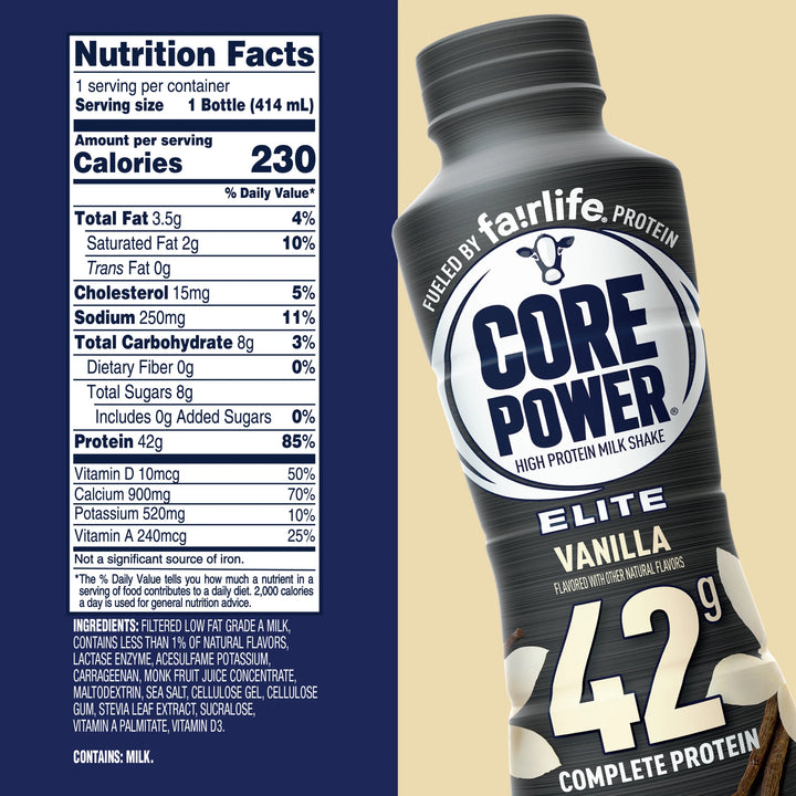 Core Power Elite High Protein Shake with 42g Protein by fairlife, Vanilla, 14 fl oz, 12 count