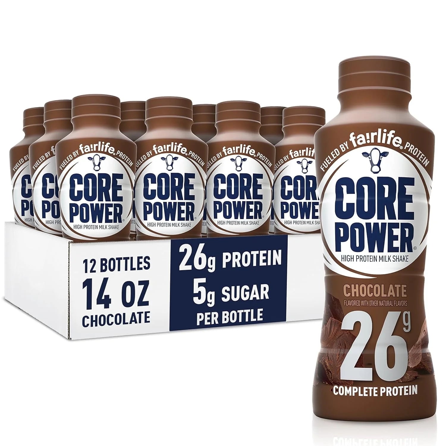 Core Power Protein Shake, Chocolate Flavor, 14oz Bottle, 12 Pack, 26g Protein per Bottle