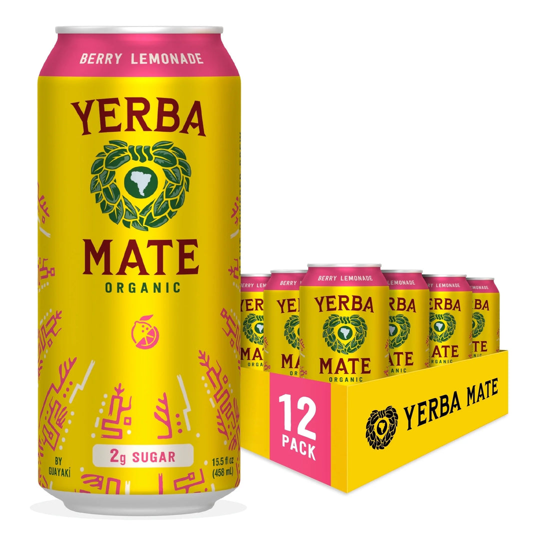Guayakí Yerba Mate, Organic Energy Drink Alternative, Berry Lemonade, Low Sugar, 150mg Natural Caffeine, Better for You Energy &amp; Focus, No Jitters or Crash, 15.5 Oz (Pack of 12)