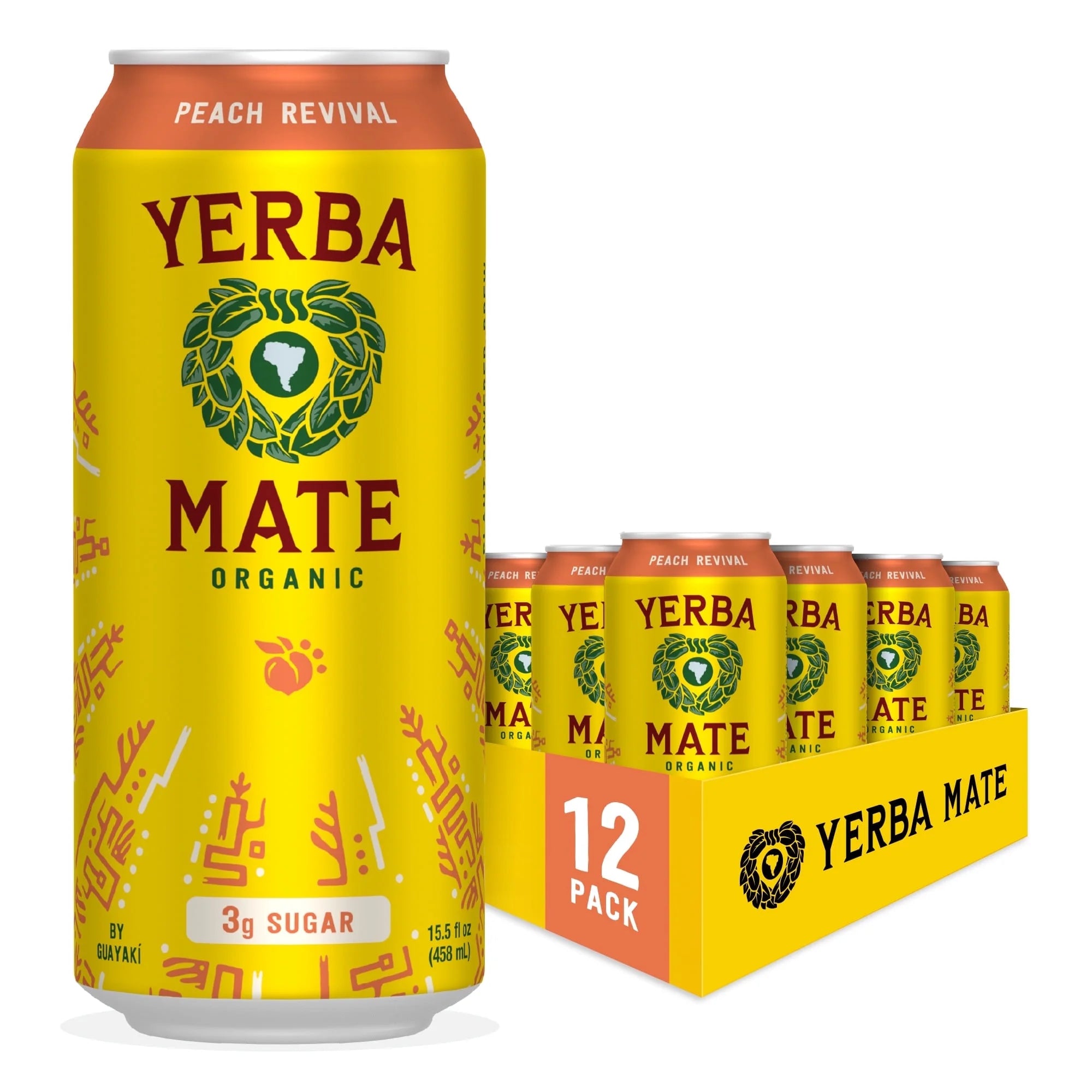 Guayakí Yerba Mate, Organic Energy Drink Alternative, Peach Revival, Low Sugar, 150mg Natural Plant Based Caffeine, Smooth Energy & Focus, No Jitters or Crash, 15.5 Oz (Pack of 12)