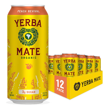 Product - Guayakí Yerba Mate, Organic Energy Drink Alternative, Peach Revival, Low Sugar, 150mg Natural Plant Based Caffeine, Smooth Energy & Focus, No Jitters or Crash, 15.5 Oz (Pack of 12)