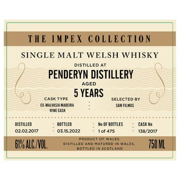 The Impex Collection 5 Year Old Ex-Malvasia Madeira Wine Cask No 138 Penderyn Distillery Single Malt Welsh Whiskey