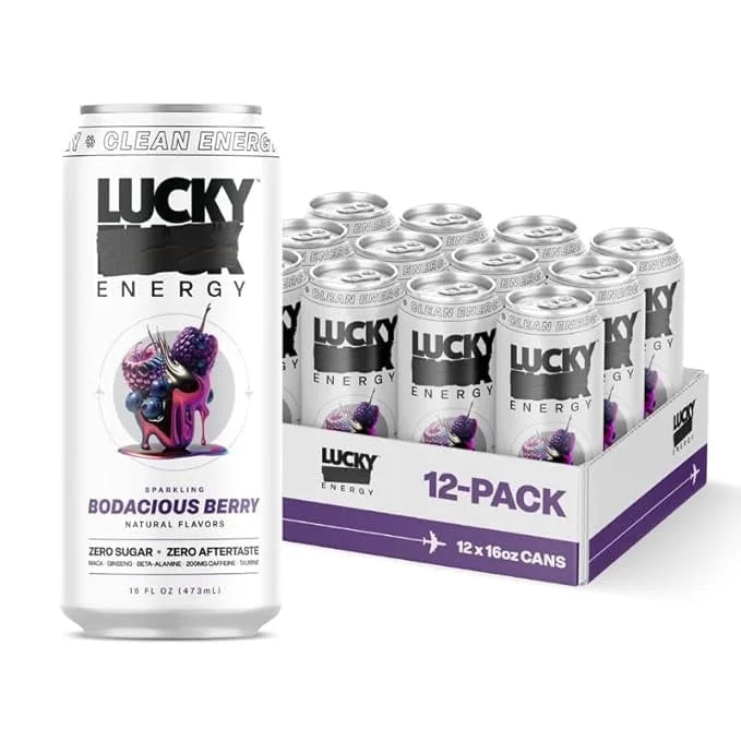 Lucky Energy Drink, Sugar Free, Bodacious Berry, 16 fl oz Cans, 12 Pack, with Maca, Ginseng, Taurine, and 200mg Caffeine