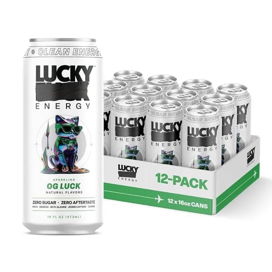 Lucky Energy Sugar Free Energy Drinks 16 Fl Oz Cans (12-Pack) Healthy Energy Drink. OG Luck with Maca, Ginseng, Taurine, Beta-Alanine, 200mg Caffeine