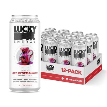 Product - Lucky Energy Sugar Free Energy Drinks 16 Fl Oz Cans (12-Pack) Healthy Energy Drink. Red Ryder Punch with Maca, Ginseng, Taurine, Beta-Alanine, 200mg Caffeine (Packaging may vary).