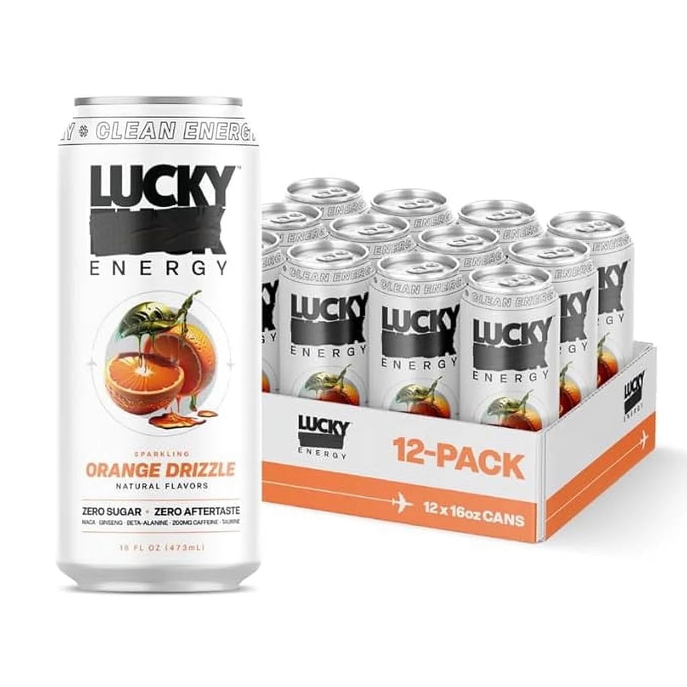 Lucky Energy Sugar Free Energy Drinks 16 Fl Oz Cans (12-Pack) Orange Drizzle with Maca, Ginseng, Taurine, Beta-Alanine, 200mg Caffeine