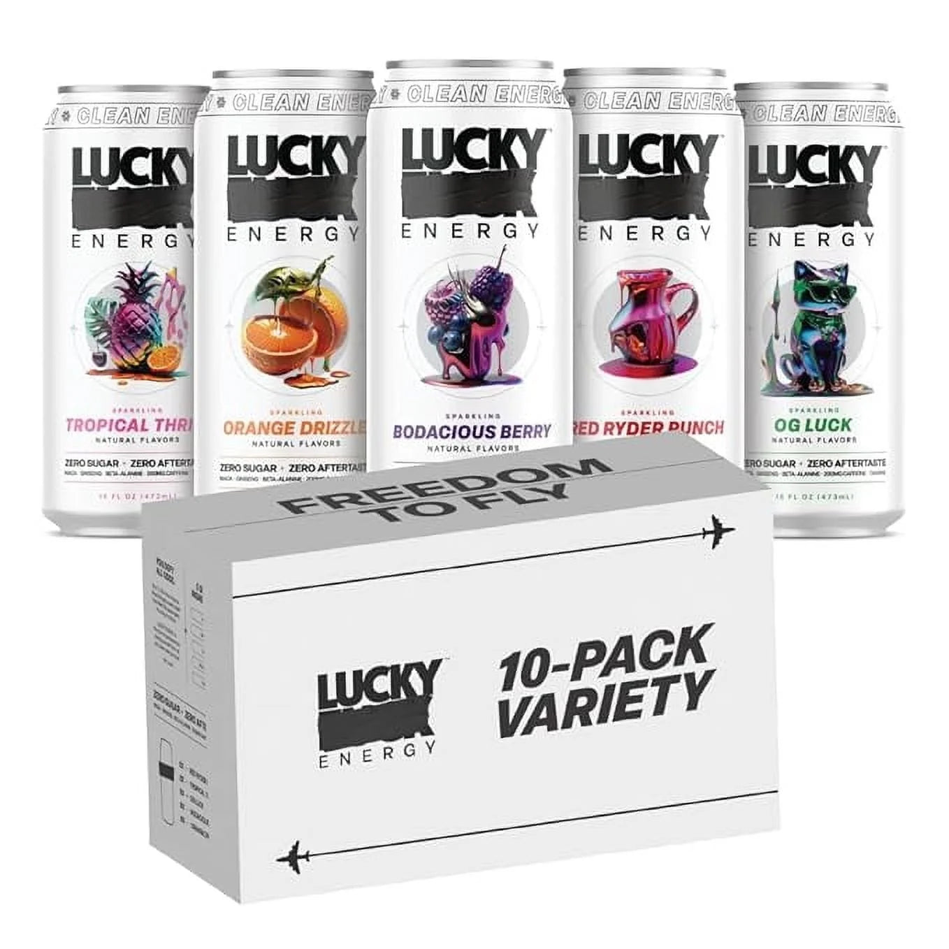 Lucky Sugar-Free Drink Variety Pack, 16 fl oz Cans (Pack of 10) with Maca, Ginseng, Taurine, Beta-Alanine, 200mg Caffeine (Packaging May Vary)