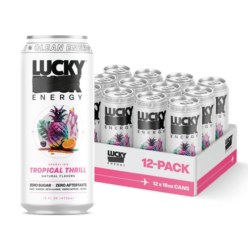Lucky Energy Drink Tropical Thrill, 16 fl oz Can, Zero Sugar, with Caffeine, Electrolytes, Beta-Alanine, and B Vitamins