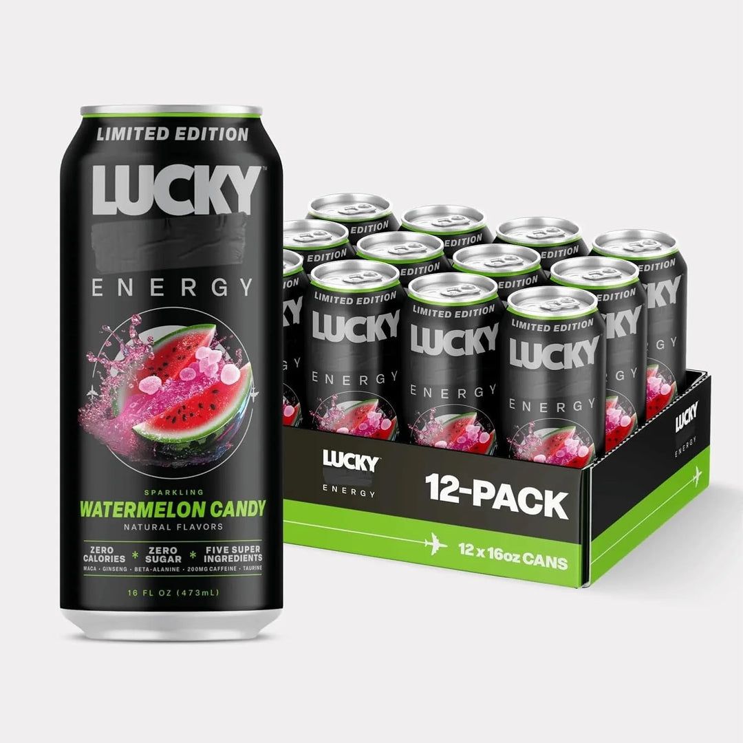 Lucky Energy Drink, Watermelon Candy Flavor, 12 Pack (16 fl oz Cans), Sugar Free, with Natural Caffeine, Electrolytes &amp; B Vitamins