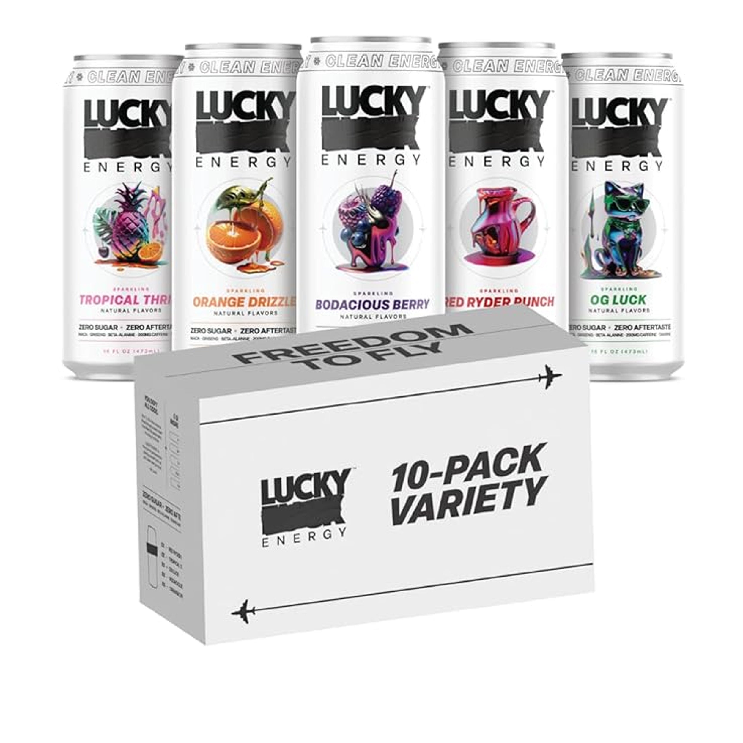 Lucky Energy Sugar Free Energy Drinks 16 Fl Oz Cans (Pack of 10) Healthy Energy Drink Variety Pack with Maca, Ginseng, Taurine, Beta-Alanine, 200mg Caffeine (Packaging may vary).