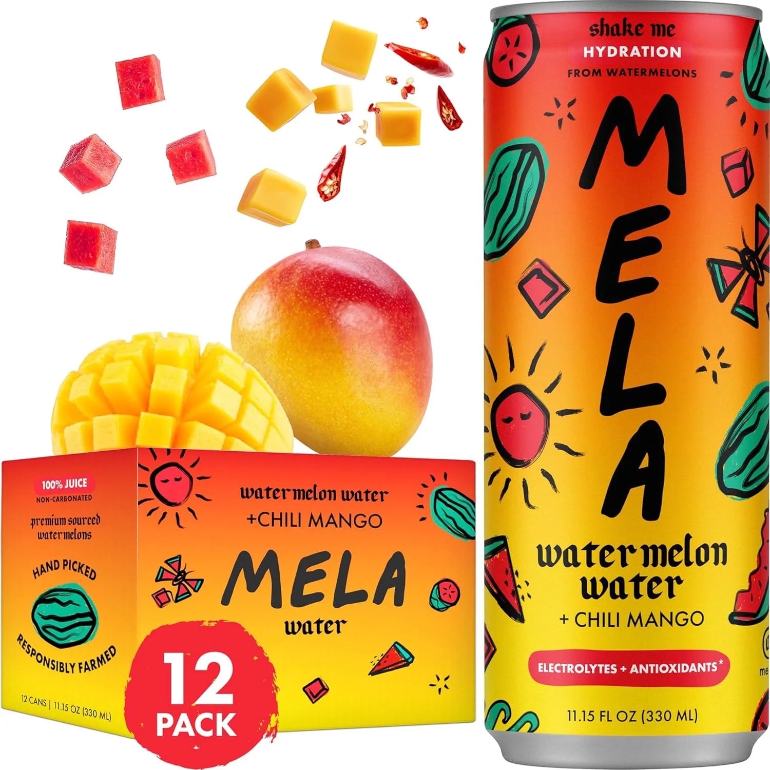 Mela Chili Mango Watermelon Juice Drink – Hydrating with Vitamin C, Electrolytes & Antioxidants, 12-Pack (11.15 fl oz)