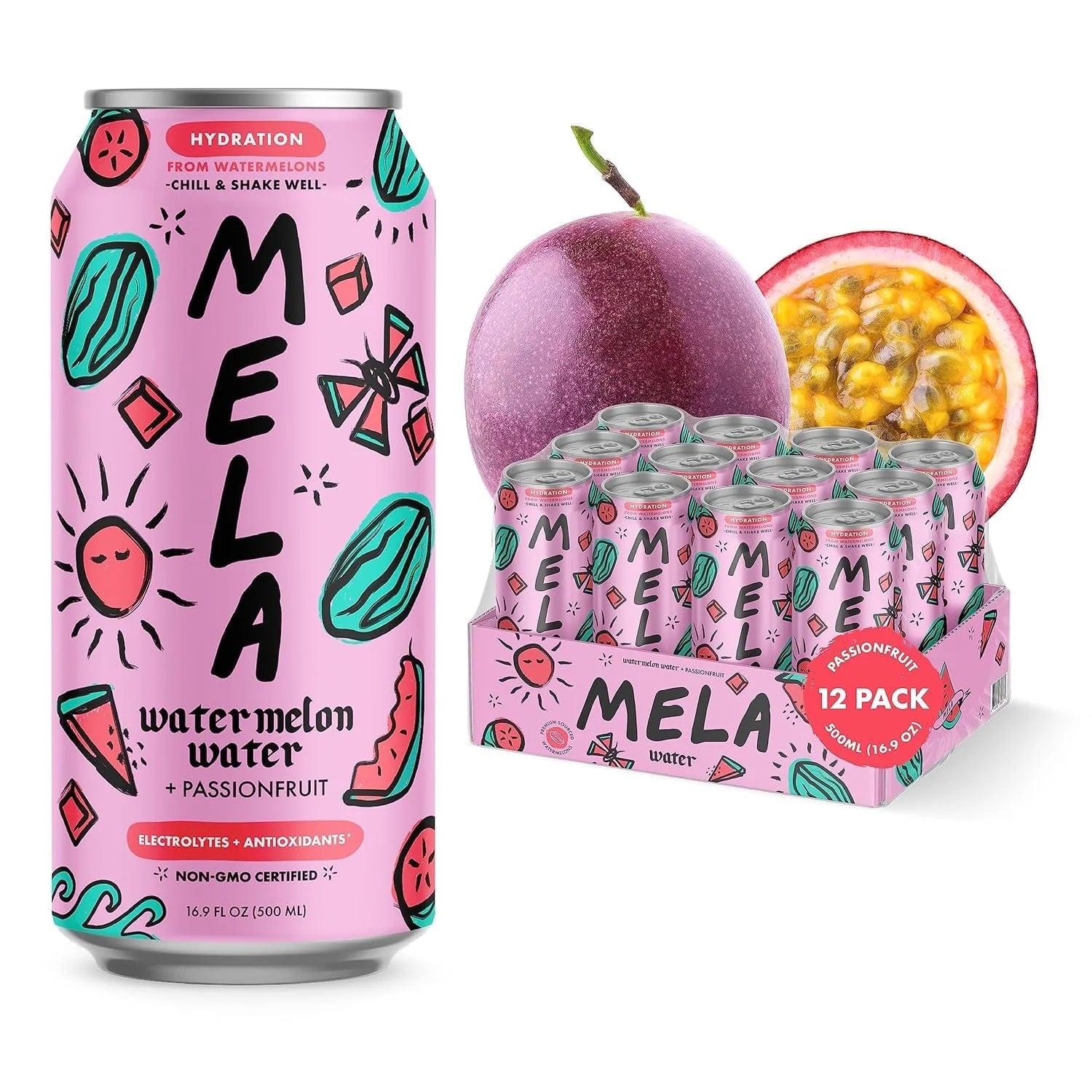 Mela Water Watermelon Juice Drink, Electrolytes & Antioxidants, Refreshing Hydration, Coconut Water Alternative, Vitamin C, Passionfruit, Smooth, 16.9 fl oz (Pack of 12)