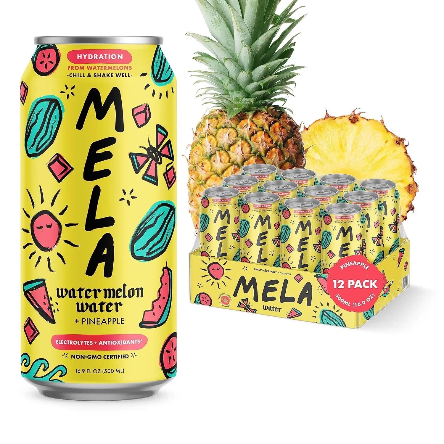 Mela Water Watermelon Juice Drink, with Electrolytes, Antioxidants & Vitamin C, Pineapple Flavor, 16.9 fl oz Bottles, 12 Pack, Liquid Beverage