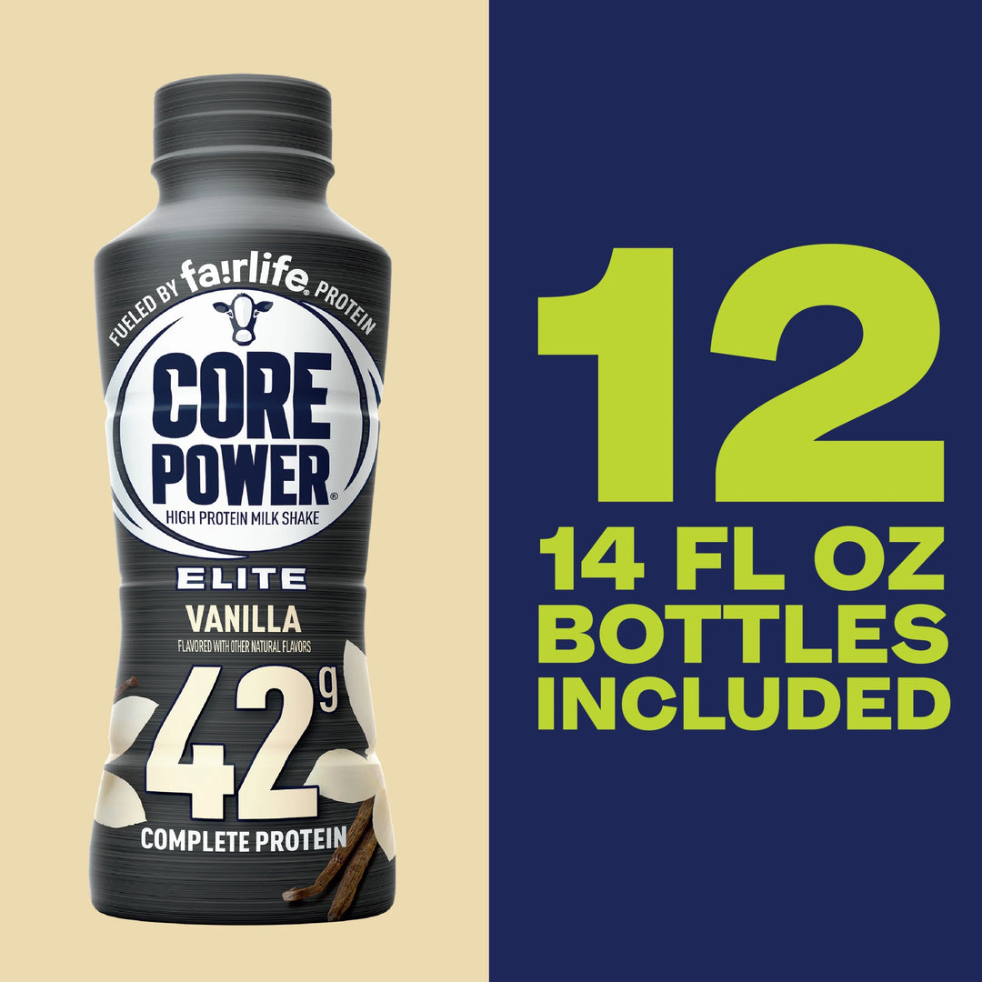 Core Power Elite High Protein Shake with 42g Protein by fairlife, Vanilla, 14 fl oz, 12 count